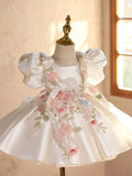 Ivory Satin Flower Girl Dress with Puff Sleeves 3D Floral Birthday Princess Gown