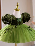 Green Velvet Puff Sleeve Tutu Birthday Dress | Butterfly Rhinestone Toddler Flower Girl Gown