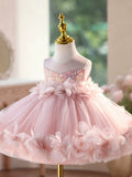Blush Pink Sequin Halter Flower Girl Dress | 3D Floral Petal Tulle Kids Formal Gown for Wedding Birthday Pageant