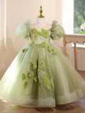 Sage Green Puff Sleeve Tulle Flower Girl Dress 3D Leaf Embroidery Kids Pageant Gown