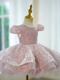 Sparkly Pink FLlower Girl Dress Short Puff Sleeve Ruffle Tulle Toddler Gown for Wedding Baptism Birthday