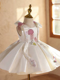 Ivory Satin Flower Girl Dress with Bows Luxury Girl Birthday Princess Gown for Piano Performance
