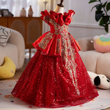 Red & Gold Girls Pageant Dress | Luxury Kids Holiday Gala Birthday Party Gown