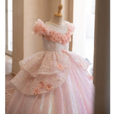 Blush Pink 3D Floral Sequin Ball Gown Flower Girl Dress | Princess Toddler Pageant Gown