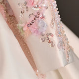 White Long Sleeve Satin Princess Dress Toddler Birthday Ball Gown Sequin Flower Girl Wedding Dress