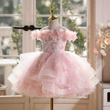 Luxury Pink Flower Girl Dress for Wedding - 3D Floral Ruffled Princess Dress for Birthday
