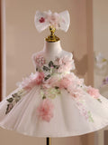 Elegant 3D Floral Applique Flower Girl Dress with Big Bow Headband — Premium Tulle Toddler Princess Ball Gown for 1st Birthday & Weddings