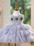 Gray Flower Girl Dress with 3D Floral & Feather Details Birthday Party Gown