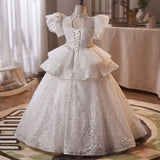 White Floral Flower Girl Dress | Vintage Embroidered Kids Birthday Dress Runway Gown