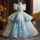 Glittery Ice Blue Princess Flower Girl Dress | Heavy Beaded Baby Birthday Ball Gown