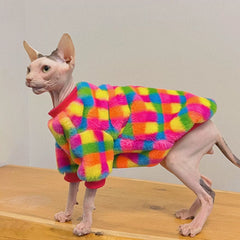 Sphynx Cat Plush Hoodie – Warm Rainbow Plaid Winter Clothes for Hairless Cats