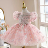 Pink Sequin Flower Girl Dress Luxury Tulle Princess Pageant Gown for Toddler Birthday Party