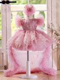 Dusty Pink Flower Girl Dress with Train 3D Butterfly Baby Pageant Birthday Princess Gown