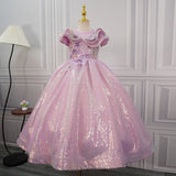 Sparkly Pink Sequin Flower Girl Dress - Girls 3D Flower Princess Ball Gown