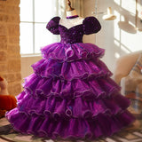 Luxury Deep Purple Sequin Flower Girl Dress with Pearl Collar Baby Birthday Party Gown