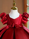 Red Puff Sleeve Satin Flower Girl Dress | Bow Beaded Toddler Birthday Princess Gown