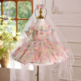 Pink Flower Girl Dress with Veil Multi-Color 3D Floral Kids Birthday Princess Gown