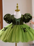 Green Velvet Puff Sleeve Tutu Birthday Dress | Butterfly Rhinestone Toddler Flower Girl Gown