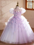 Lavender 3D Butterfly Puff Sleeve Princess Flower Girl Dress | Sparkle Tulle Pageant Gown