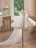 Sleeveless Textured Fringe White Flower Girl Gown with Removable Tulle Train for Wedding Baptism Pageant