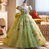 Sage Green Fairy Flower Girl Dress 3D Multi-Color Floral Birthday Princess Gown