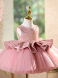 Sparkly Pink Ruffle Waist Puffy Tulle Toddler Flower Girl Dress for Wedding Baptism Birthday