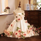 Ivory Satin Strapless 3D Rose Applique Flower Girl Dress for Wedding Baptism Birthday