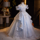 Luxury Light Blue Flower Girl Dress with Crystals | Princess Pageant Gown