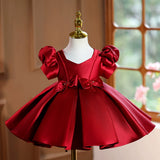 Red Puff Sleeve Satin Flower Girl Dress | Bow Beaded Toddler Birthday Princess Gown