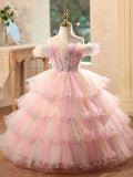 Pink Off Shoulder Tiered Tulle Flower Girl Dress | Princess Birthday Pageant Gown for Kids Wedding Party