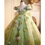 Sage Green Fairy Flower Girl Dress 3D Multi-Color Floral Birthday Princess Gown
