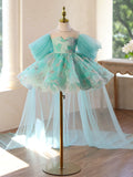 Turquoise Glitter Butterfly Tulle Flower Girl Dress With Removable Long Train for Wedding Birthday