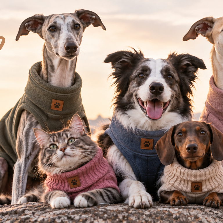 A group of five dogs and one cat wearing knit pet sweaters sit together outdoors on a rock at sunset, with the text 'Our Story: Because No Two Pets Are Quite the Same' and smaller marketing copy on the left side.
