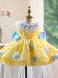 Toddler Yellow Blue Sequin Princess Dress | Detachable Train Flower Girl Wedding Gown