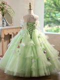 Luxury Mint Green 3D Floral Flower Girl Dress with Hanging Flower Tassels