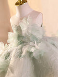 Sage Green Flower Girl Dress with 3D Floral Appliqué Kids Princess Tulle Gown for Birthday Piano Performance Pageant