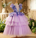 Purple Sequin Flower Girl Dress with Tiered Tulle Skirt Baby Birthday Party Gown