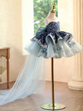 Floral Bow Tulle Flower Girl Dress With Detachable Train | Kids Pageant Gown
