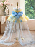 Toddler Yellow Blue Sequin Princess Dress | Detachable Train Flower Girl Wedding Gown