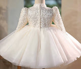 Sparkly Long Sleeve Flower Girl Dress Baby Birthday Party Gown with Bow Headband