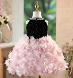 Black and Pink Flower Girl Dress with Pearl Halter Neck & 3D Petal Skirt