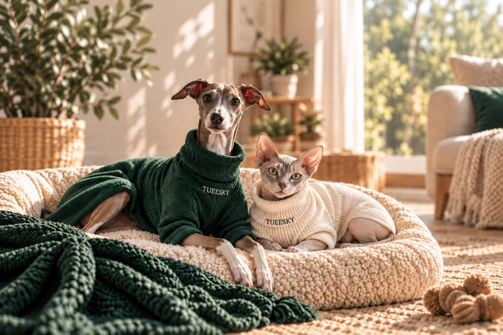 Italian Greyhound and Sphynx cat wearing cozy TUEESKY pet clothing at home